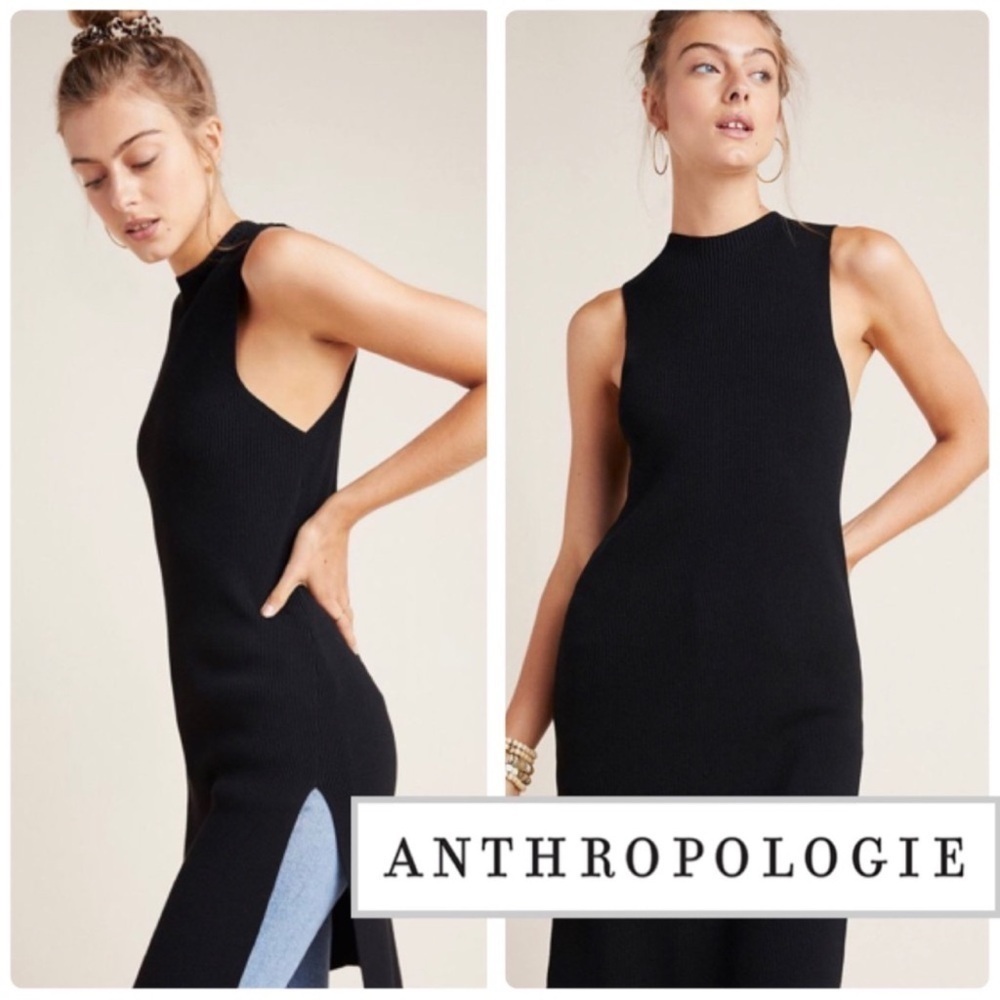 Anthropologie Black Ribbed Mock Neck Bodycon Dress tunic Slits Linen sleeveless